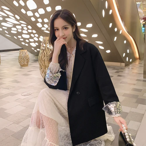 Весна корейский длинный рукав блейзер с пайетками Mujer 2019 жакеты с нашивками Elegantes Mujer двубортное пальто модные куртки
