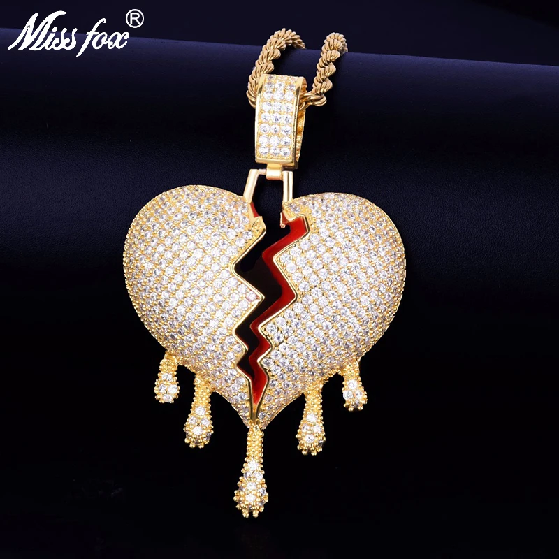

Missfox Cracked Love Drops Pendant Necklace Gold Fashion Couple Style Lab Diamond Necklace Copper Jewelry Best Gift For Party