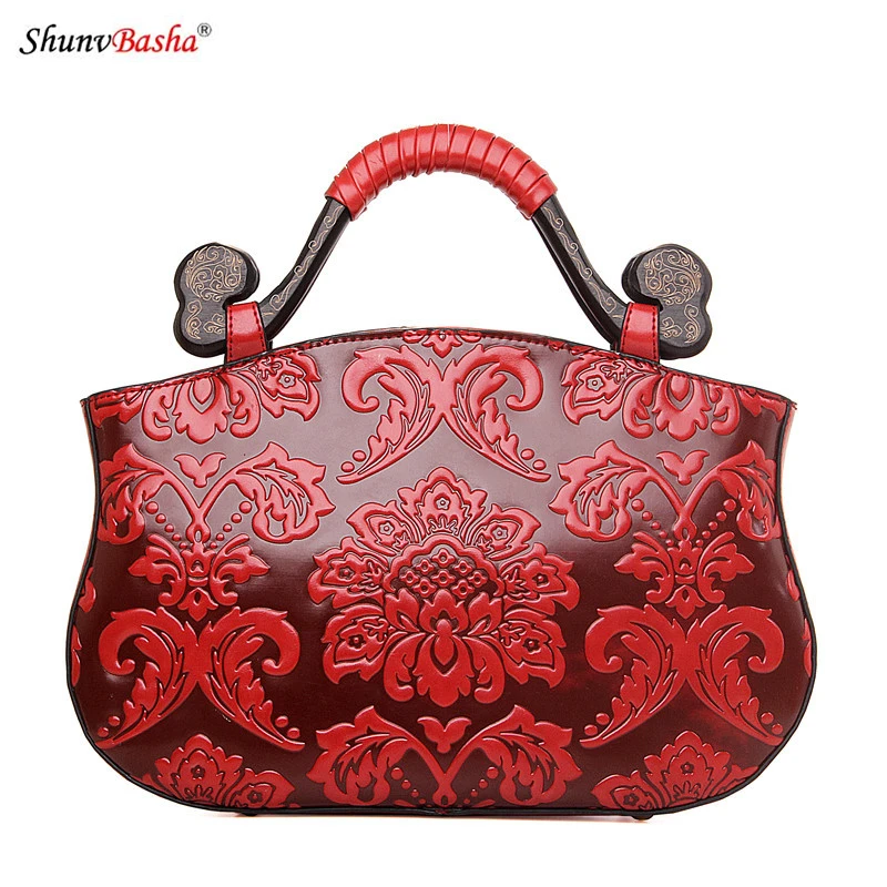 2017 new wood handle handbags national wind fashion PU leather embossed shoulder oblique cross bag high