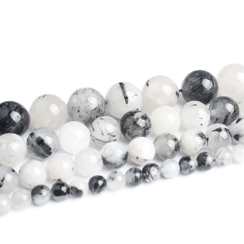 LanLi модные натуральные ювелирные изделия черные и белые волосы кристаллы Камни свободные бусины 6 8 10 12 мм DIY браслет ожерелье аксессуары