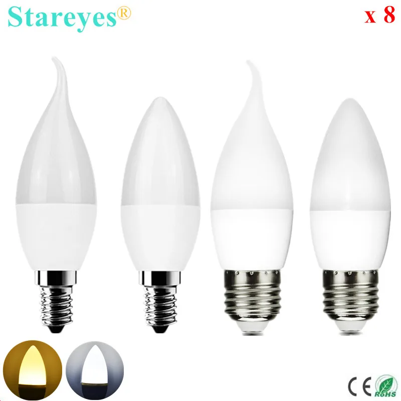 8 шт. светодиодные свечи E14 E27 SMD 2835 10 светодиосветодиодный 3 Вт 220 В переменного