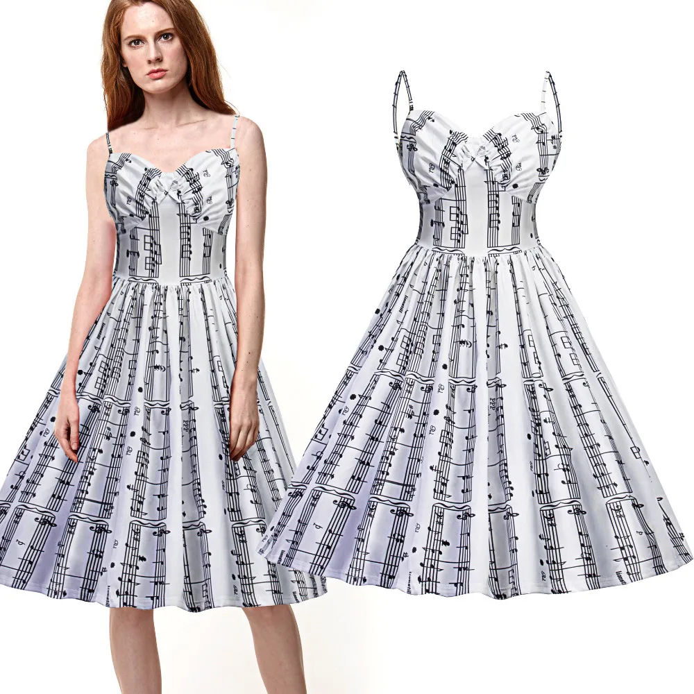 

Free Shipping Summer Fashion Explosion models Hot Strap V-neck Adjustable Musical Notes Printed Dress Music Dress