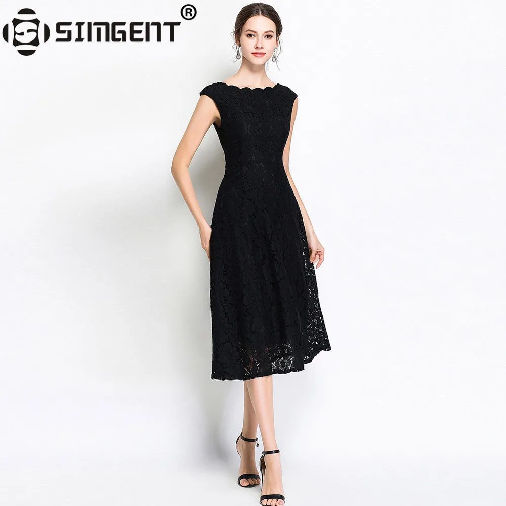 Simgent новое летнее модное женское платье с волнистым воротником без рукавов, повседневное офисное Кружевное платье миди, vestidos robe Dentelle Jurken SG85182
