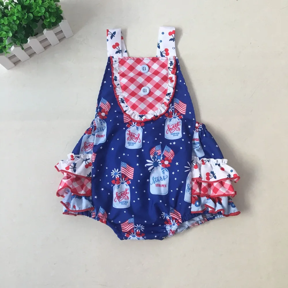 

Puresun Fashion New Release 4th of July Girls Bubble Infant Flag Print Triple Ruffle Bodysuit Girls Remake Boutique Clothes