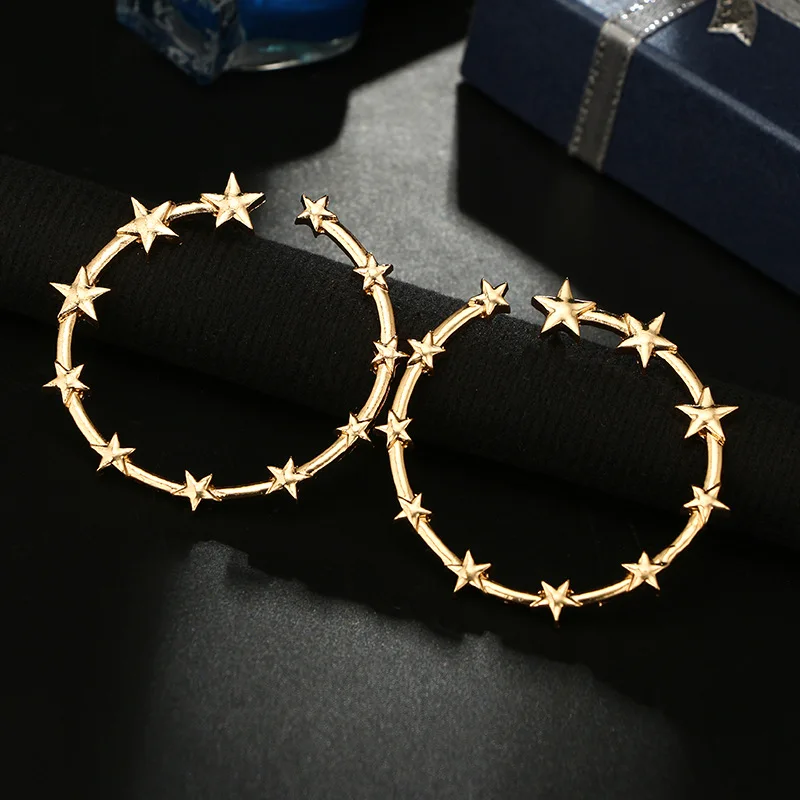 Серьги-кольца из сплава, золотая звезда, кольцо в форме петли, металлические серьги для девочек