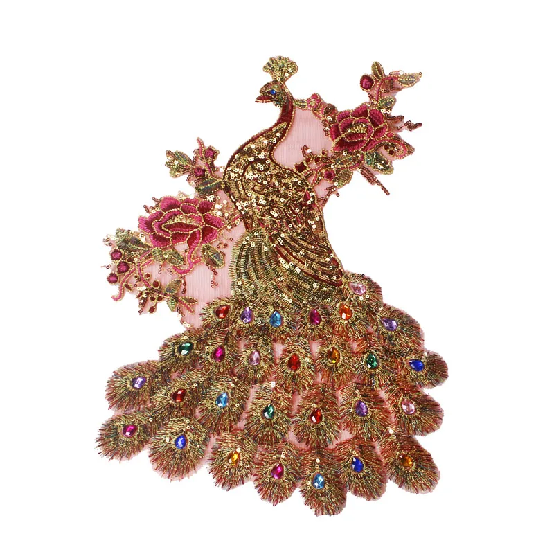 10piece-Beaded-Sequin-Gold-Mix-Rhinestones-Peacock-Applqiue-Lace-Embroidery-Applique-Lace-Fabric-Patches-Clothes-Dress