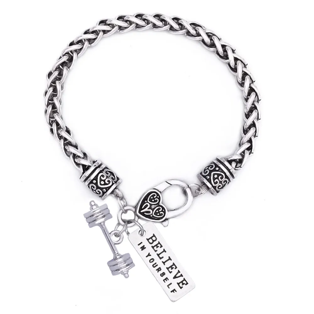 

DOUBLE NOSE Antique Silver Plated Believe In Yourself Weight Lifting Barbells Dumbbells Fitness Gym Inspire Bracelets