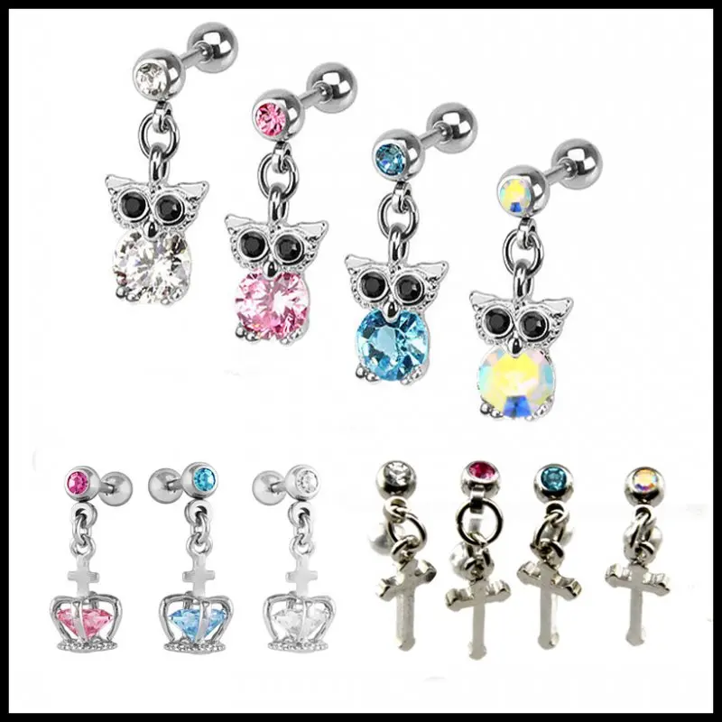 

Fashion 1PC Crystal CZ Gem Heart Gem Dangling Crown Cross Owl Pendant Earring Stud Tragus Helix Cartilage Piercing Jewelry 16g