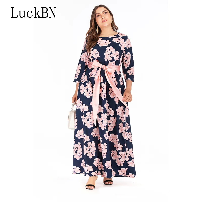 

LuckBN Autumn Maxi Long Dress Fashion Ladies Bobo Long Sleeve Floral Print Dress Big Size Women Vintage Dress Plus Size Belt