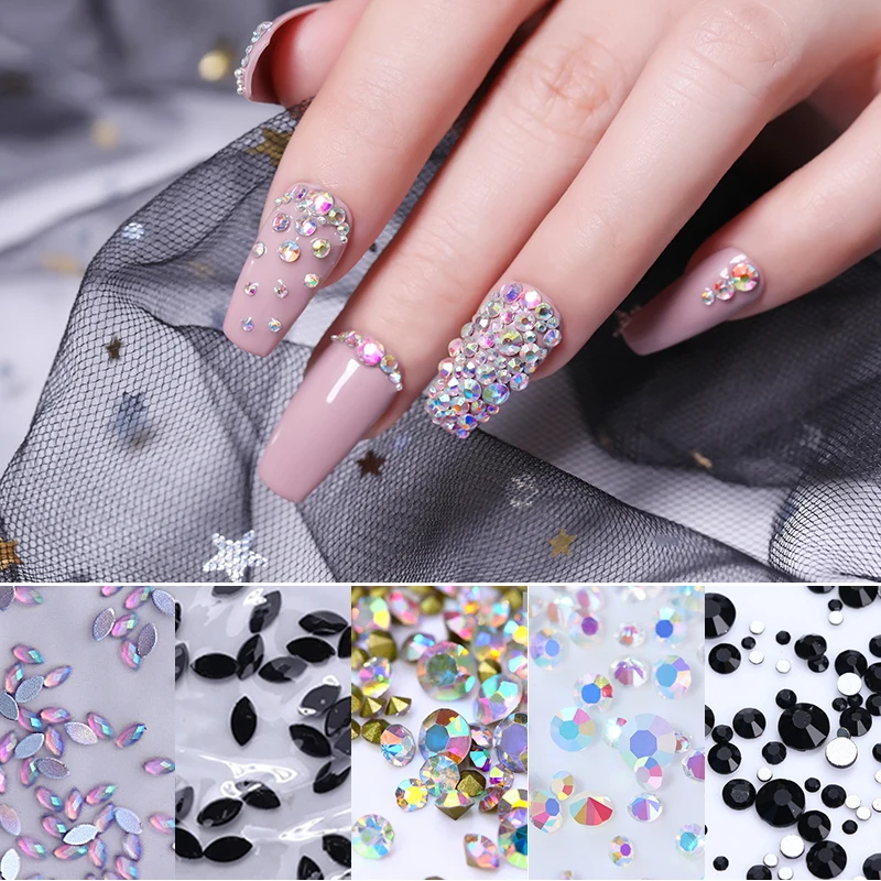 

3D Nail Art Rhinestones Black AB Color Crystal Flat Back Shiny Marquise Multi-size DIY Nail Art Decorations Tool
