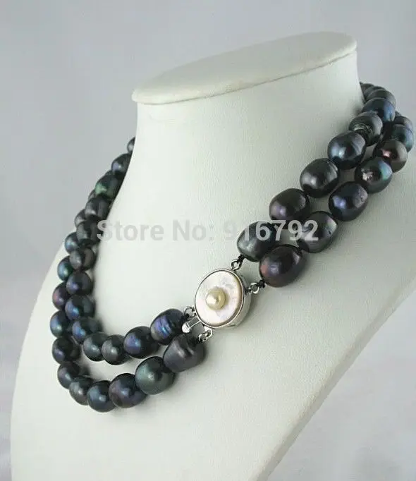 

2 ROW RARE NATURAL TAHITIAN 10-12mm BLACK BAROQUE PEARL NECKLACE 18