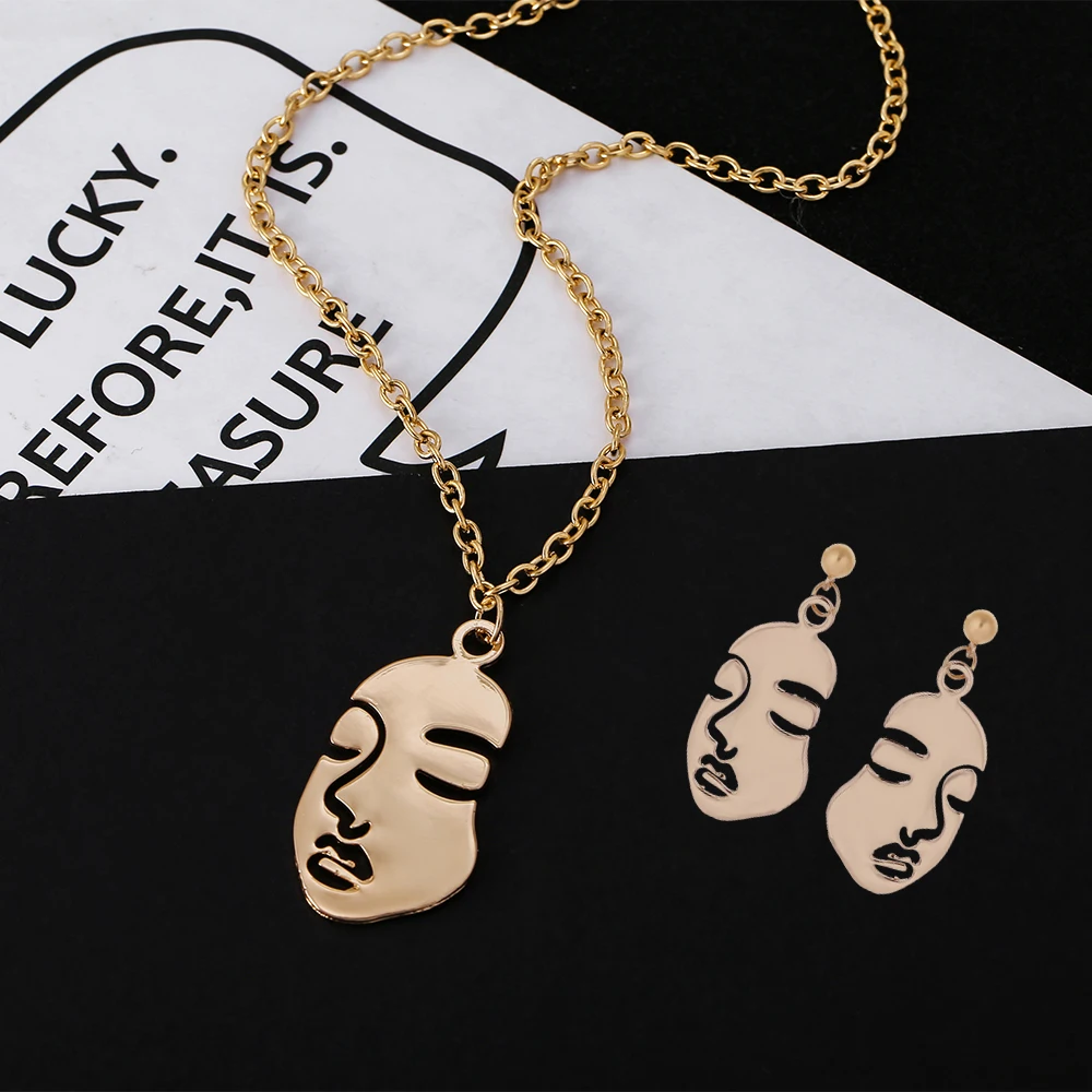 

Girls Multipl Face Jewelry Sets Retro Metal Alloy Fashion Abstract Hollow Out Dangle Earrings Pendant Necklace Women