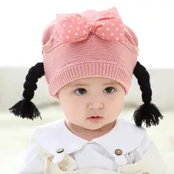Милые детские для париков шапок бант-узел Детские вязаные косы шапка для 3-18 месяцев Детские Девочки Детские шапки зима осень голова