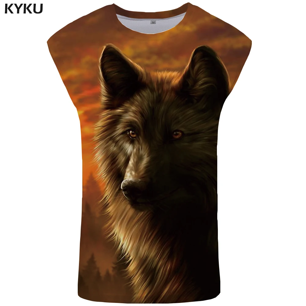 

KYKU Wolf Tank Top Men Flame Singlet Forest Vest Animal Clothing Harajuku Undershirt Ftness Stringer Sleeveless muscle Shirt