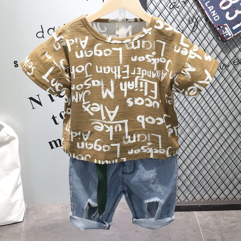 

Summer 2019 Children kid's For boys letter short sleeve t-shirt +denim Hole jeans shorts 2 pcs Clothes Set C2634