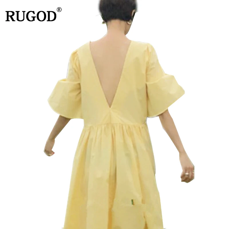 

RUGOD 2019 New Summer Prairie Chic Style Solid Square Collar Deep V-Neck in back side Sexy Loose Casual Long women dress vestido
