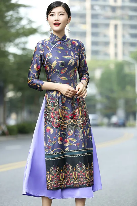 

2018 Retro Vietnam style full sleeve Ao Dai women dress