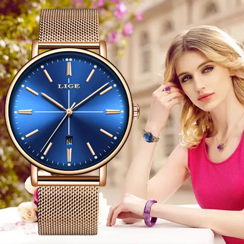 

LIGE New Fashion Luxury Ladies Watch Waterproof Rose Gold Steel Mesh Quartz Women Watches Top Brand Clock Relogio Feminino