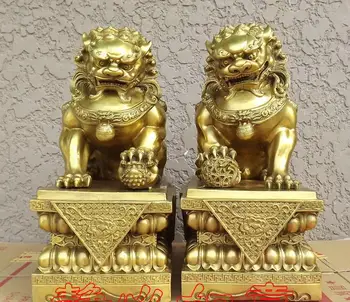 

17" Chinese Pure Copper Brass palace Door Guardian Fu Foo Dog Lion Pair