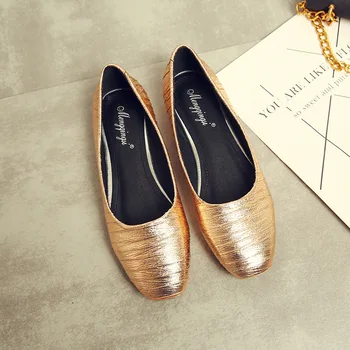 

2018 Spring Autumn Ladies Flat Shoes Casual Comfortable Square Toe Flats Women Shallow Single Shoes Golden Silver Plus Size 43