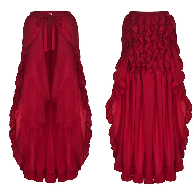 Женская стимпанк викторианская юбка на шнуровке 2 слоя оборками Тюль Асимметричная юбка средневековый корсет в стиле ренессанс юбки размера плюс - Цвет: Бургундия