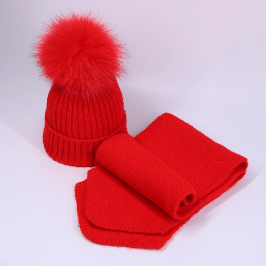 YWMQFUR зимние теплые наборы шапка с шарфом для женщин однотонная винтажная вязаная Дамская шапка Skullies с лисьим меховым шариком женские шапочки шапки шарфы