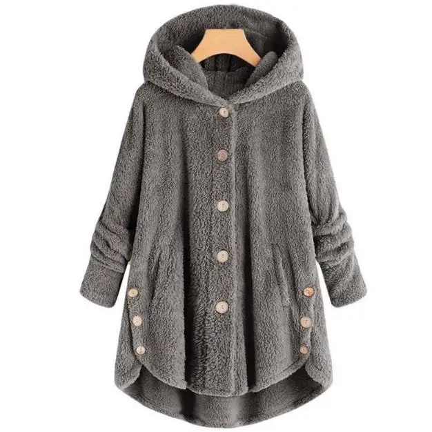 Winter New Fashion Women Fleece Hooded Europe American Button Warm Hooded Irregular Solid Color Coat 10 Colors - Color: Dark grey