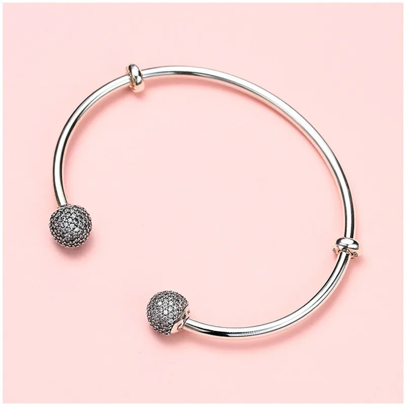 

New 100% 925 sterling silver Full drill open round head bangle charms silver Pan Bracelet bangle For Women DIY 925 Jewelry