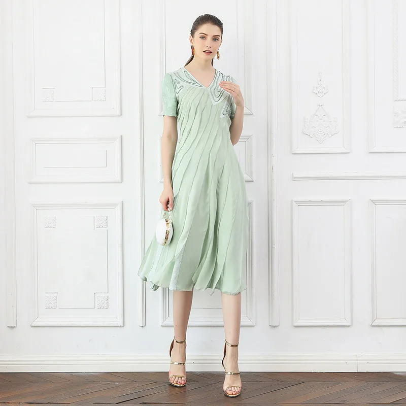 VOA шелковое платье миди женское мятно-зеленое с v-образным вырезом Mori Girl летнее плиссированное платье с коротким рукавом милое элегантное платье A10036 - Цвет: Мятный