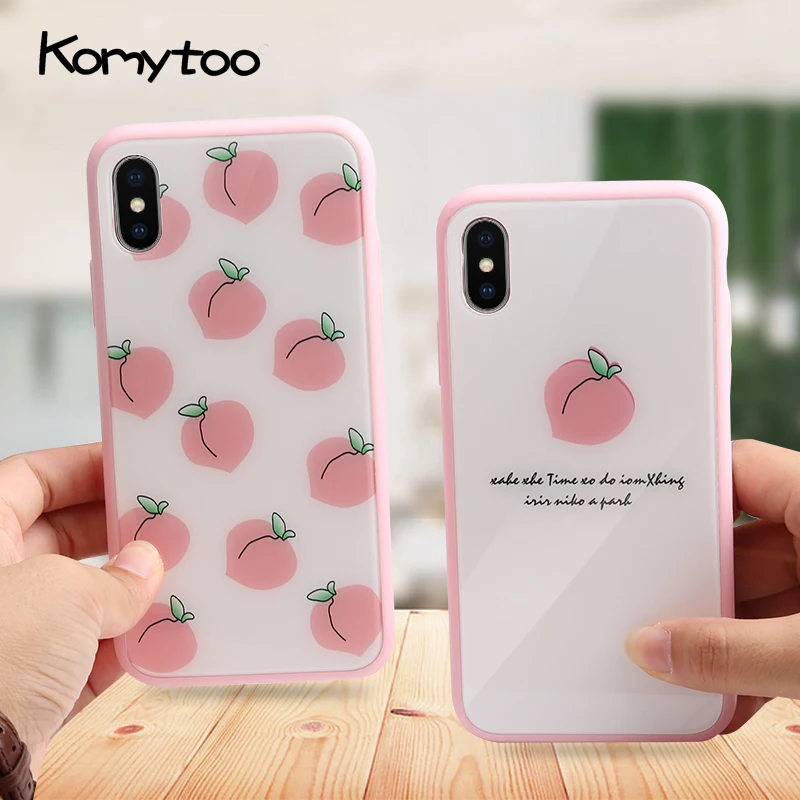 

KOMYTOO For iPhone 7 8 Plus Case TPU Silicone Cute Fruit Pattern Pink Glass Cover Case For iPhone X 6 6s Plus Fundas Coque Women