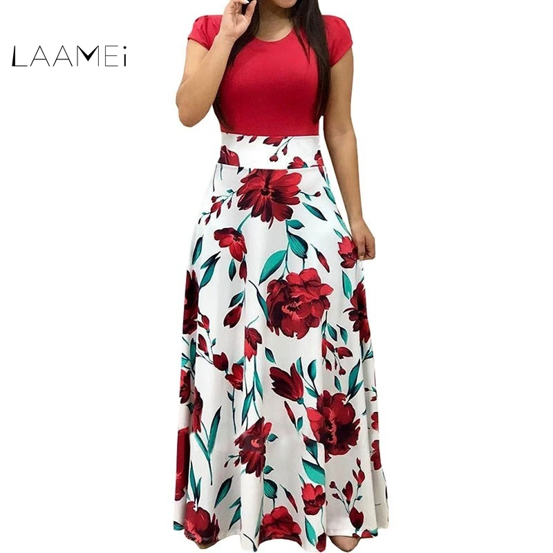 

Laamei Women Stylish Floral Print Summer Patchwork Maxi Dress 2018 Casual Short Sleeve Vintage Boho Beach Long Dress Vestidos