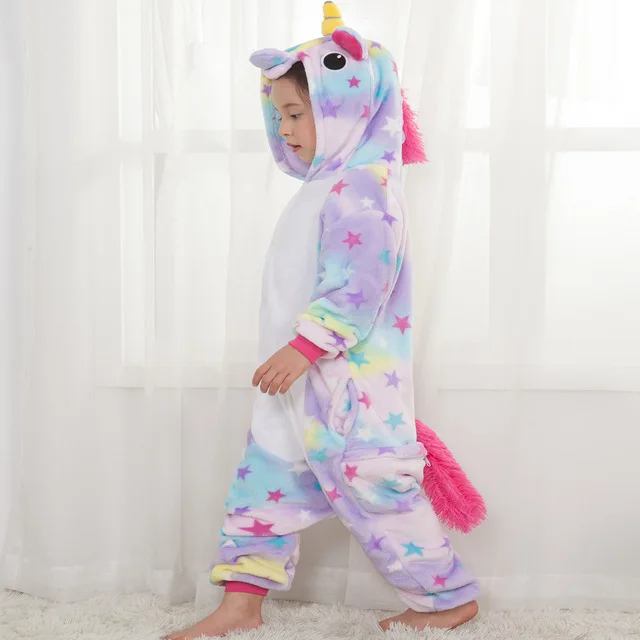 Children Pajamas Unicorn Stars Winter Pajama Cartoon One Piece Sleepwear licorne Coral Fleece Warm pijama de unicornio Inverno