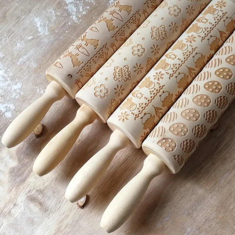 

4 Types Easter Animal Flower Egg pattern Embossing Rolling Pin Baking Cookies Noodle Biscuit Fondant Cake Dough Engraved Roller