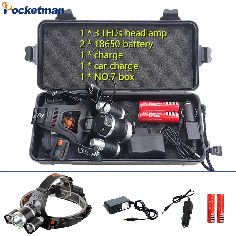 

3*T6 LED Headlamp 10000Lm Headlight 4 Modes Camping Fishing Lights USB Rechargeable Head Lamp Light 18650 Battery Charge Box