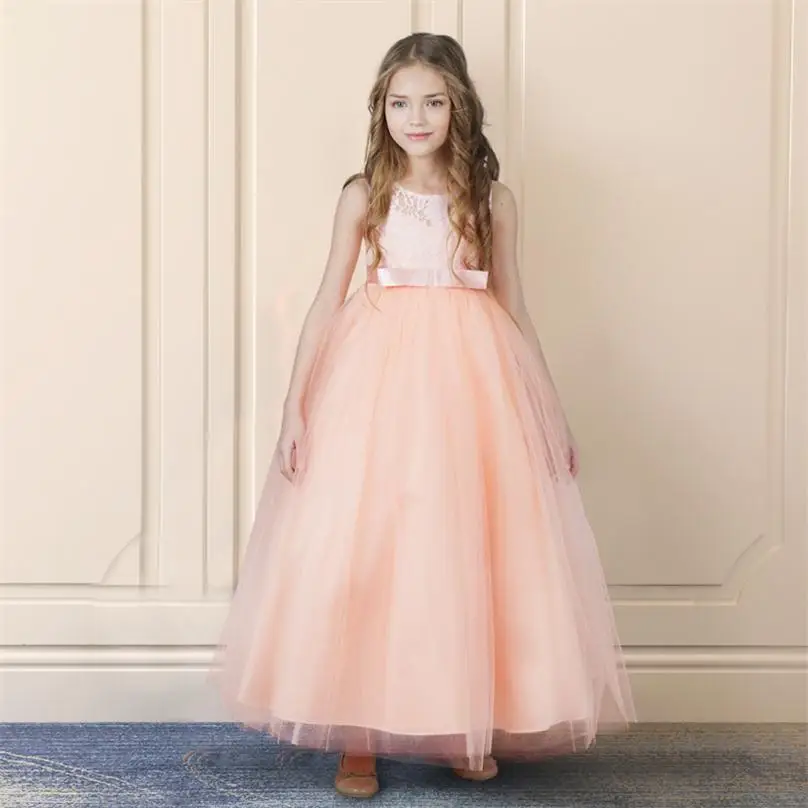 Элегантное платье принцессы для девочек возрастом от 6 до 14 лет, длинные кружевные платья из тюля для девочек-подростков на свадьбу торжественные вечерние платья для первого причастия - Цвет: Pink 2