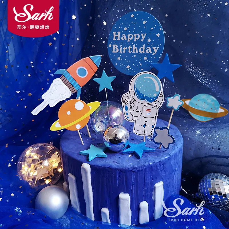 

Astronaut Rocket Moon Happy Birthday Cake Topper Dessert Letter Decoration for Children's Day Party Lovely Gifts
