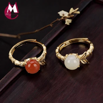 

2019 Mosaic jade Agate Initial Adjustable Ring 100% 925 Sterling Silver Jewelry Women wedding band girls natural stone Ring R35