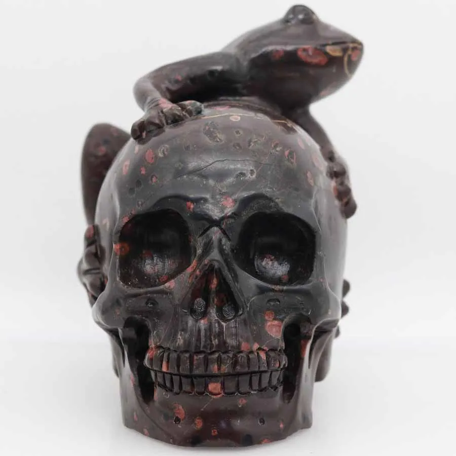 

6" 1772g PLUM BLOSSOM JASPER Carved Frog Crystal Skull Crystal Realistic Healing Furnishing Articles Figurine AU20