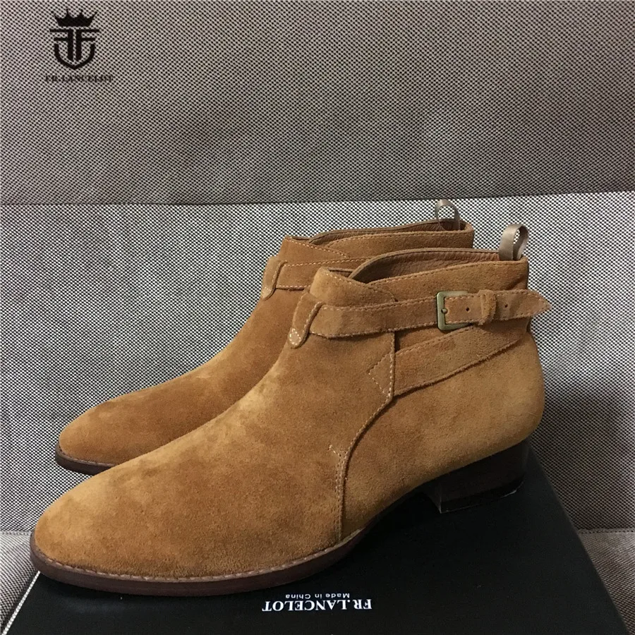 

Handmade Customized NEW Qing-Zhilong Short Ankle Cross Straps Jouhpur Catwalk Suede Boot Wedge Short Ponited Toe Men Boots