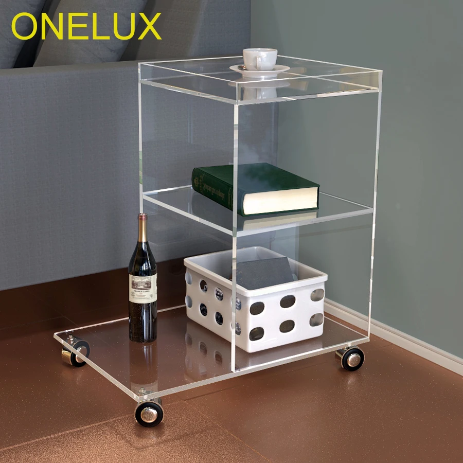 ONELUX Transparent Acrylic Side Sofa Table,Occasional Magazine Tea Tables On Wheels -50w 35d 57h cm