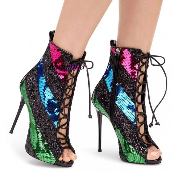 

Latest Style Color Matched Peep Toe Sandal Booties Nightclub Sexy Cut-out Stiletto Heel Sandals Fashion Lace Up High Heels Women