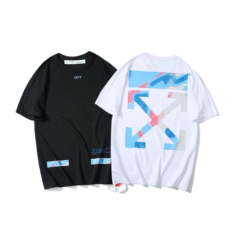 

19ss Off-White OW Gradient Graffiti Warning line arrow Men/Women Couple Lovers Fashion Cotton Short sleeve Round neck T-shirt