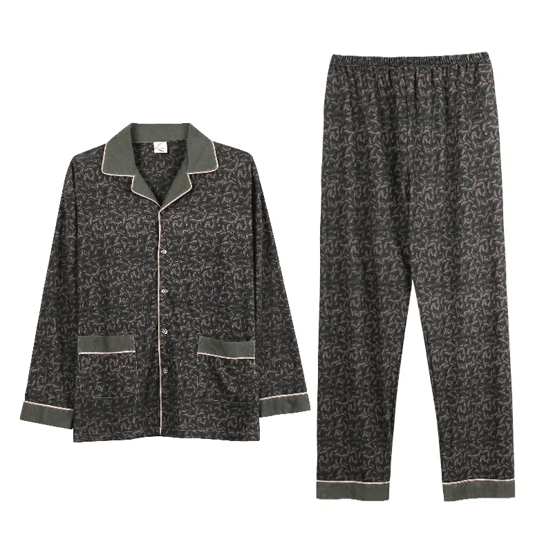 High Quality Army Green Color Men Pajamas Sleepwear Long Sleeved 100