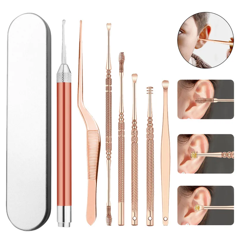 

7pcs/set LED Ear Wax Pickers Stainless Steel Earpick Wax Remover Ear Pick Ear Cleaner Spoon Care Ear Clean Tool Cotton Swabs