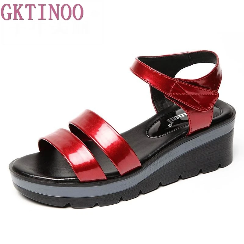 GKTINOO 2019 New Leather Women Platform Sandals Hook& Loop Wedge ...