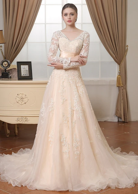 Vintage Beige Lace Organza Long Sleeves Modest Wedding Dresses Full Vintage Beige Lace Organza Long Sleeves Modest Wedding Dresses Full Ons Back Vestidos De Novia
