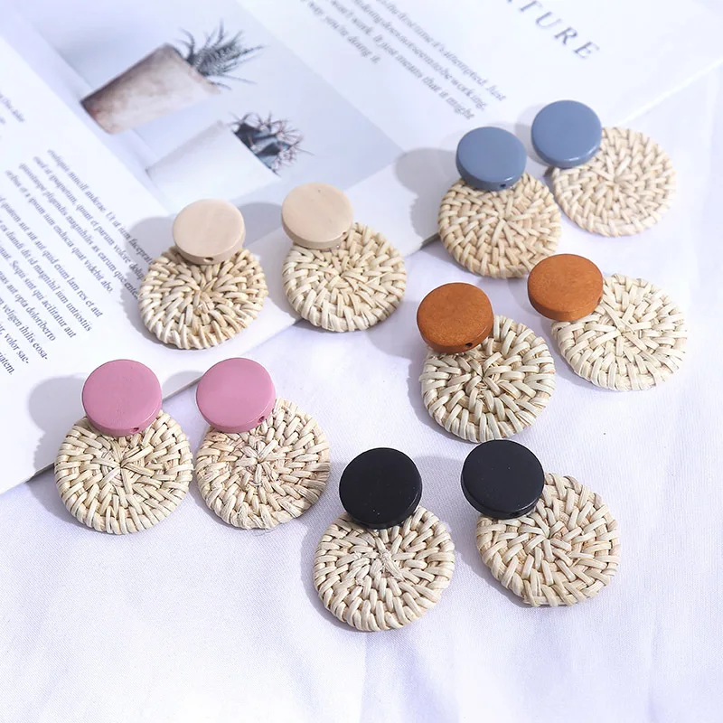 

New Handmade Wooden Straw Weave Rattan Earring Brown Vine Braid Geometric Big Round Drop Earrings For Women Jewelry 2019