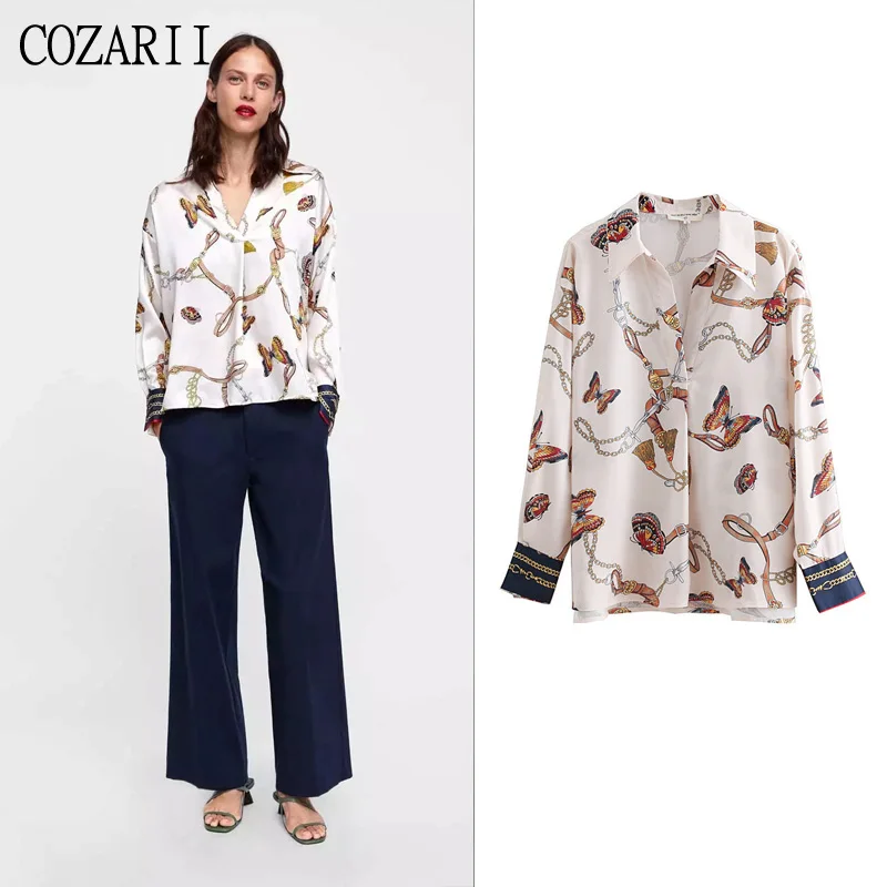 

COZARII women cute loose print shirts turn-down collar long sleeve blouse casual style fashion butterfly print tops blusas
