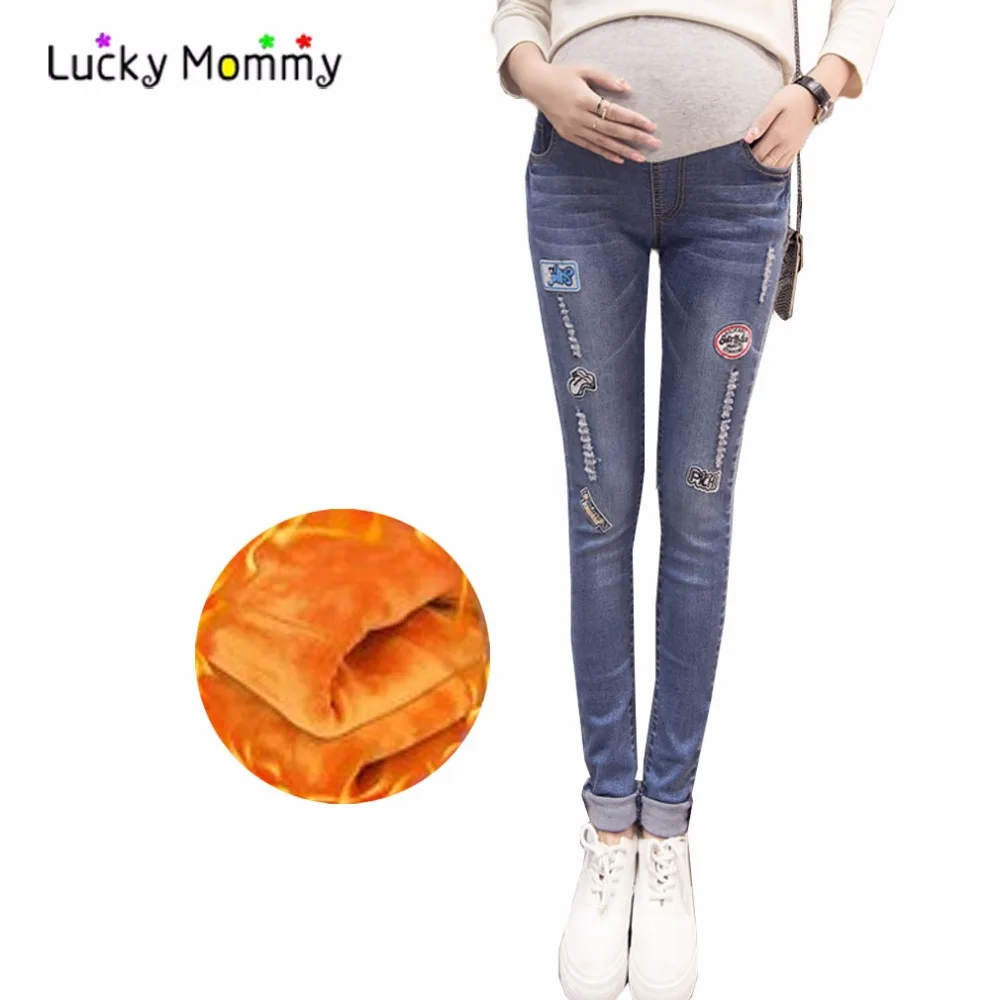 

Fashion Plus Velvet Warm Hole Embroidery Maternity Jeans for Pregnant Women Winter Fleece Pregnancy Denim Pants Thin Trousers