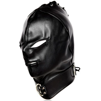

Black Leather Unisex Mask Hood Harness Bondage Head Restraint for Couples Cosplay Slave Zipper Open Mouth Eye Games Rave